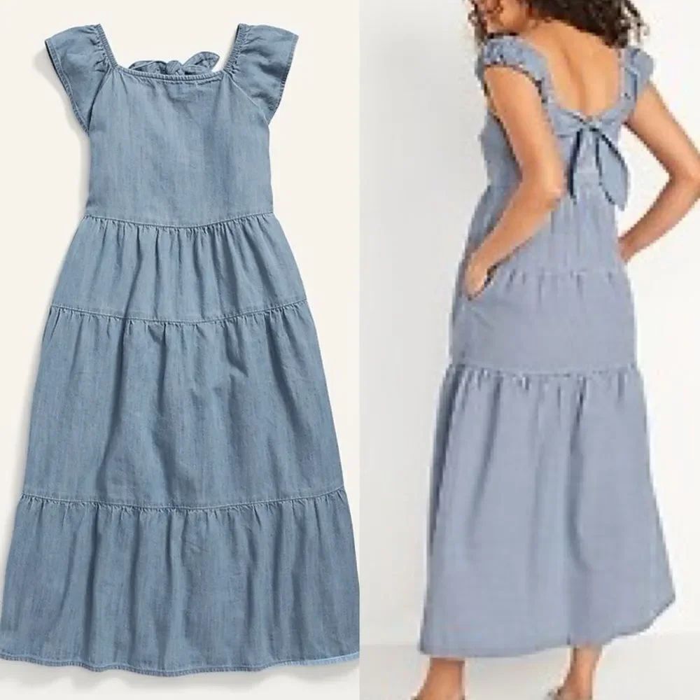 Old Navy oversized Kid Girl blue boho Tiered chambray All-Day Maxi Dress 10-12